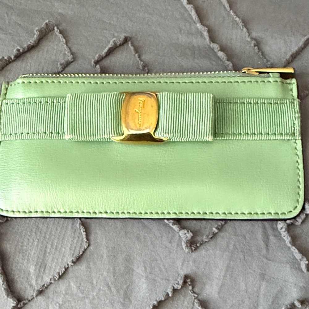 Salvatore Ferragamo Light Green Leather Card Holder with Bow